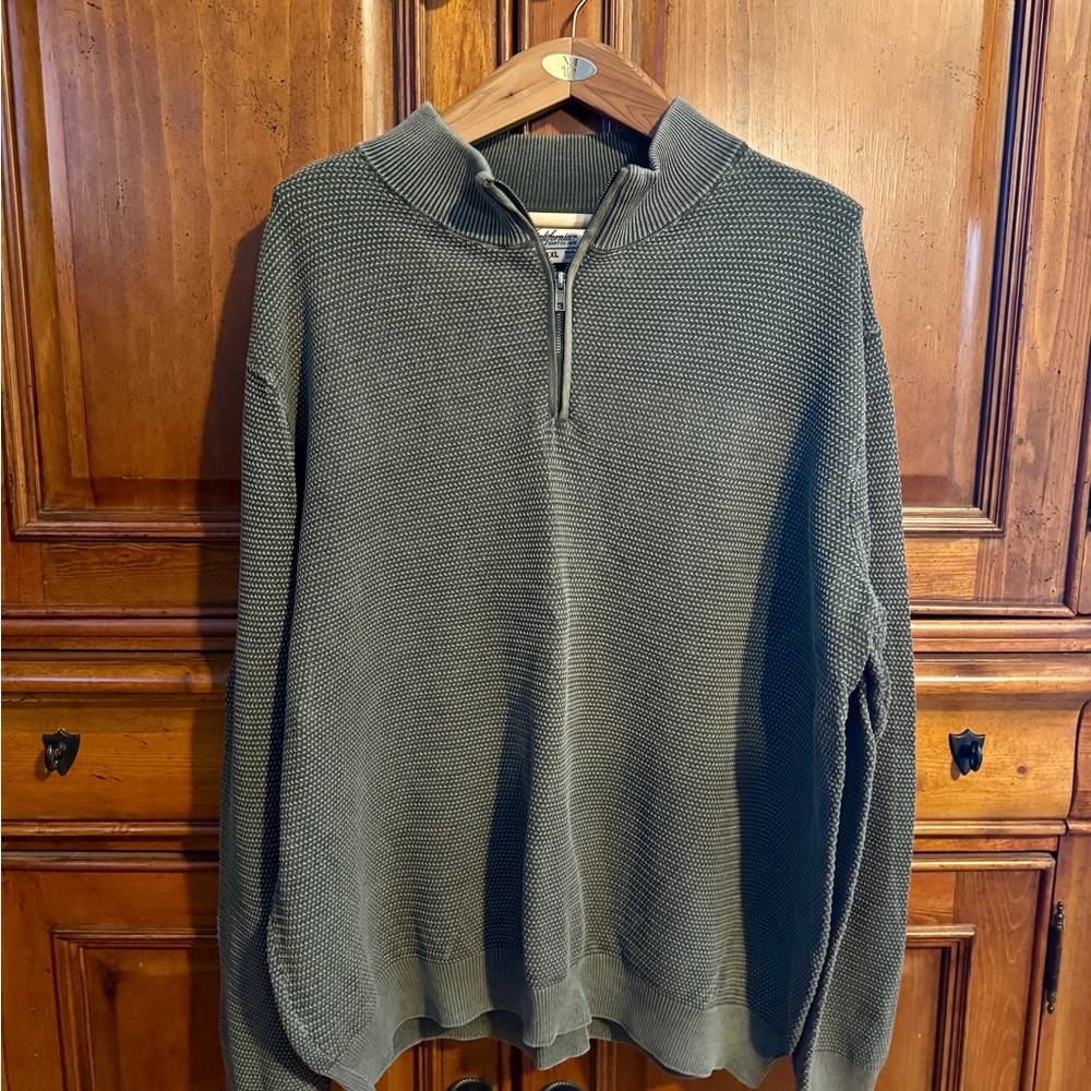 Men’s Green Quarter Zip Sweater with Ribbed Neck and Knit Material
